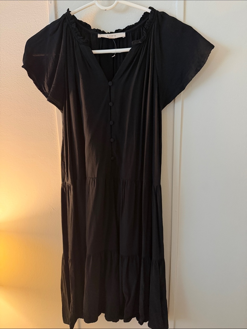 LOFT Black Tiered Midi Dress with Button Front